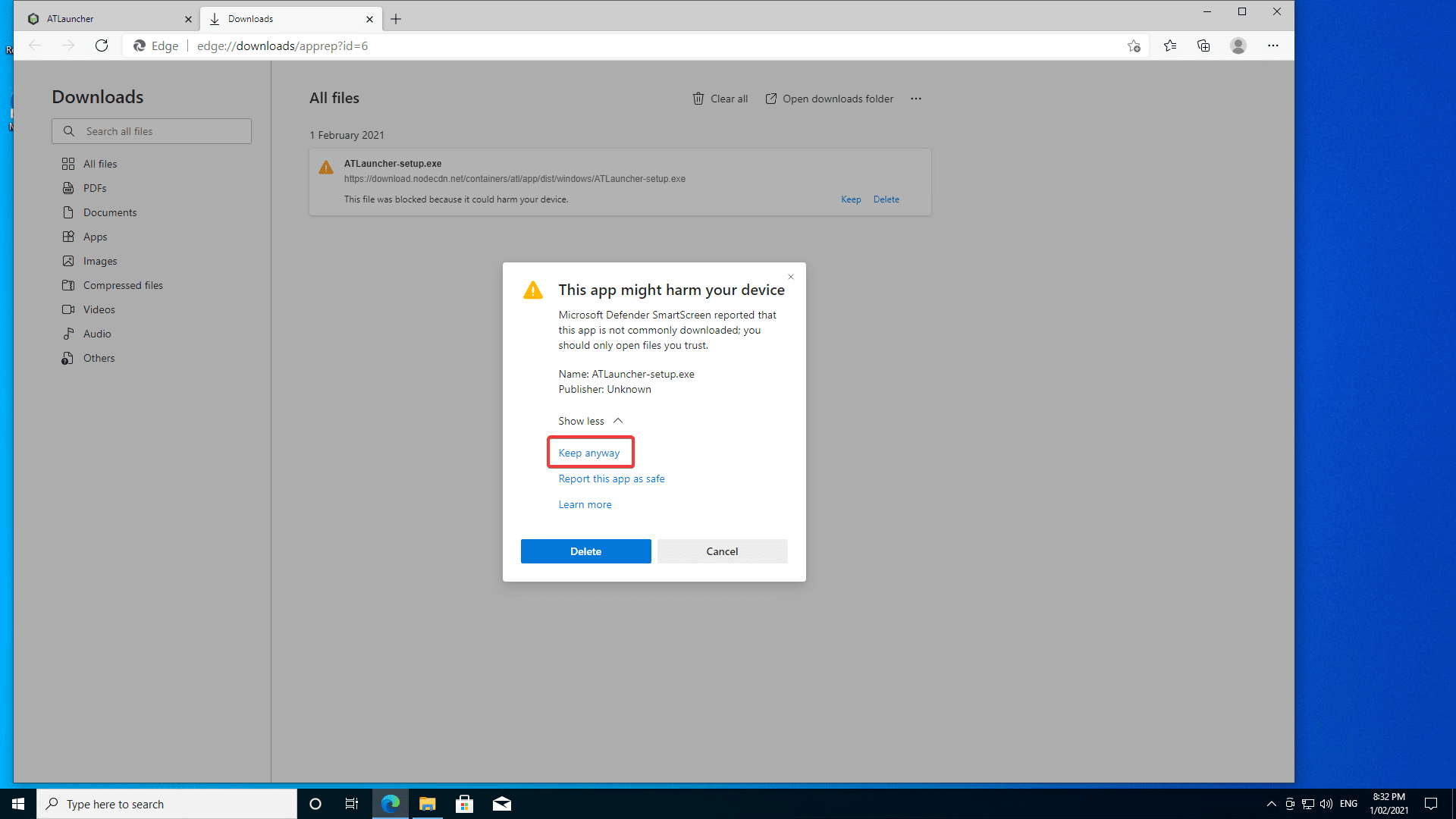 How to allow the download through Edge 2